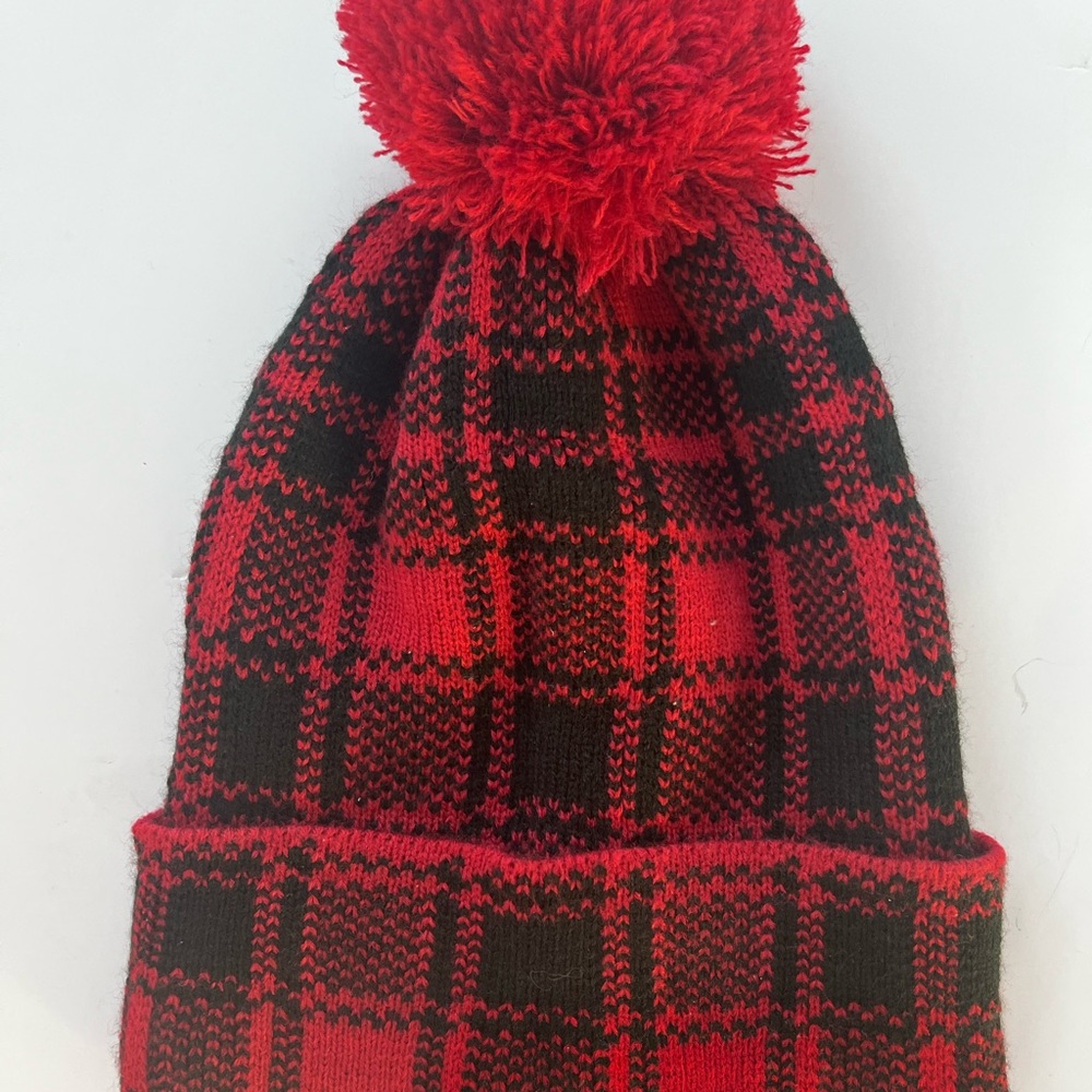 L/XL Kids Red and Black Plaid Beanie with Pom Pom